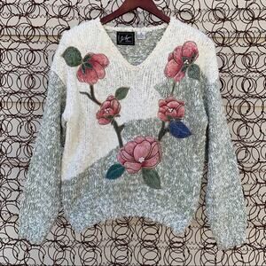 Vintage 90s rose appliqué chunky sweater cottagecore granny lagenlook MEDIUM